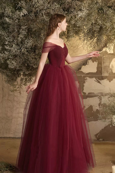 Off the Shoulder Burgundy Tulle Long Prom Dresses, Off Shoulder Wine Red Long Tulle Formal Evening Dreses