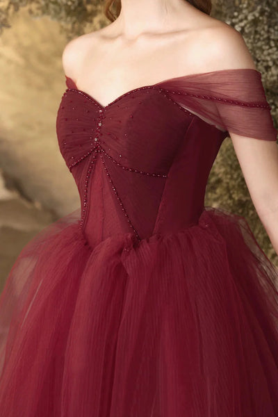Off the Shoulder Burgundy Tulle Long Prom Dresses, Off Shoulder Wine Red Long Tulle Formal Evening Dreses