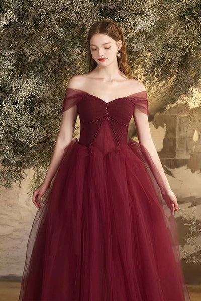 Off the Shoulder Burgundy Tulle Long Prom Dresses, Off Shoulder Wine Red Long Tulle Formal Evening Dreses