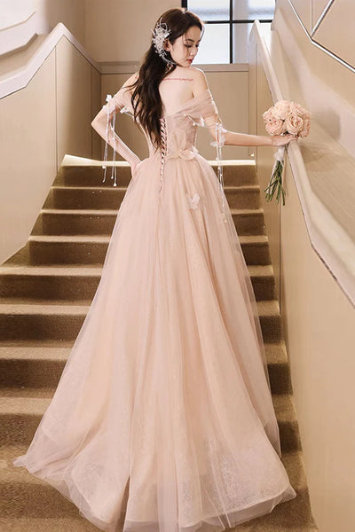 Off the Shoulder Champagne Floral Long Prom Dresses, Off Shoulder Champagne Floral Long Formal Evening Dresses