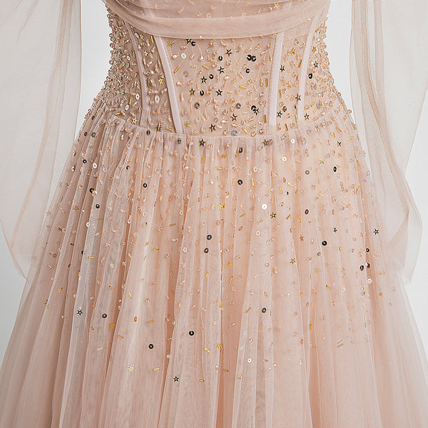 Off the Shoulder Champagne Tulle Long Prom Dresses, Champagne Beaded Tulle Formal Evening Dresses