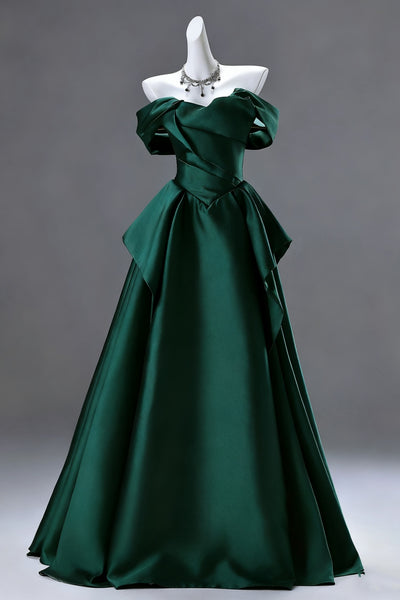 Off the Shoulder Dark Green Satin Long Prom Dresses, Dark Green Long Satin Formal Dresses