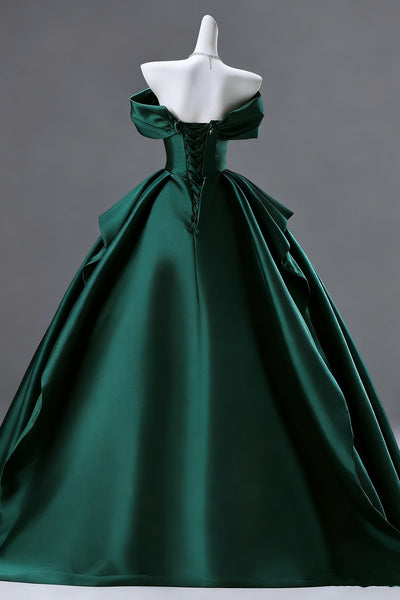 Off the Shoulder Dark Green Satin Long Prom Dresses, Dark Green Long Satin Formal Dresses
