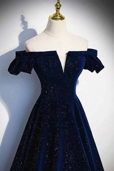 Off the Shoulder Dark Navy Blue Long Prom Dresses, Dark Navy Blue Long Formal Evening Dresses