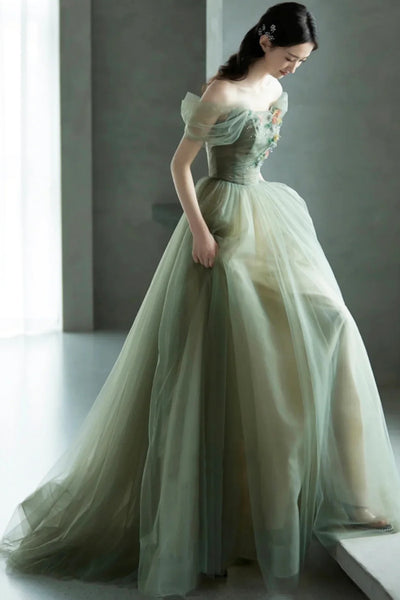 Off the Shoulder Green Floral Long Prom Dresses, Green Long Floral Formal Evening Dresses