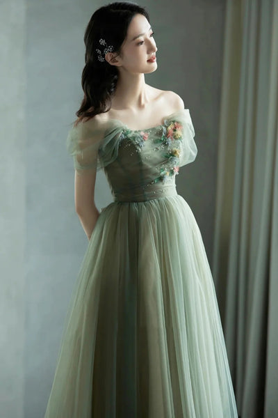 Off the Shoulder Green Floral Long Prom Dresses, Green Long Floral Formal Evening Dresses