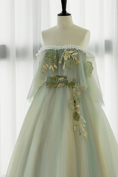 Off the Shoulder Green Lace Floral Prom Dresses, Green Tulle Floral Long Formal Evening Dresses