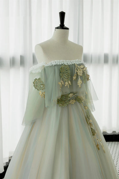 Off the Shoulder Green Lace Floral Prom Dresses, Green Tulle Floral Long Formal Evening Dresses