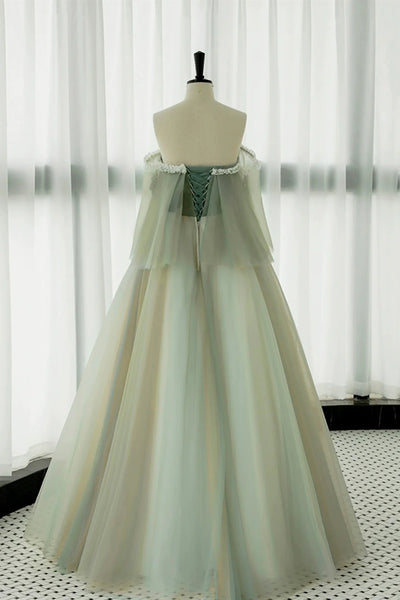 Off the Shoulder Green Lace Floral Prom Dresses, Green Tulle Floral Long Formal Evening Dresses