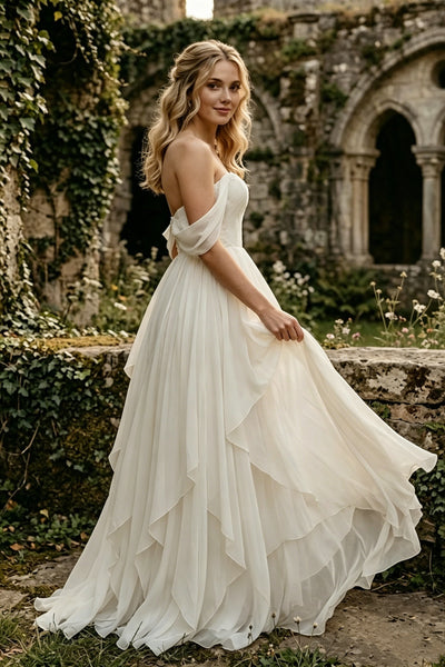 Off the Shoulder Ivory Chiffon Lace Wedding Dresses Simple Boho Country Gown With Handkerchief Skirt