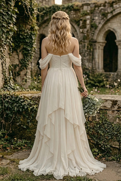 Off the Shoulder Ivory Chiffon Lace Wedding Dresses Simple Boho Country Gown With Handkerchief Skirt