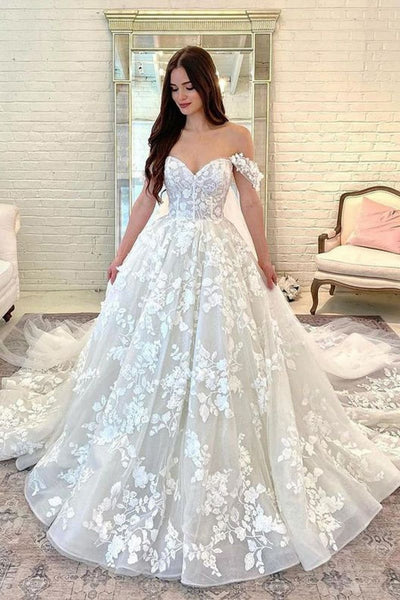 Off the Shoulder Ivory Lace Wedding Dresses, Ivory Lace Bridal Gowns Prom Dresses