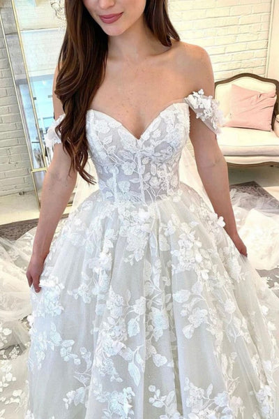 Off the Shoulder Ivory Lace Wedding Dresses, Ivory Lace Bridal Gowns Prom Dresses