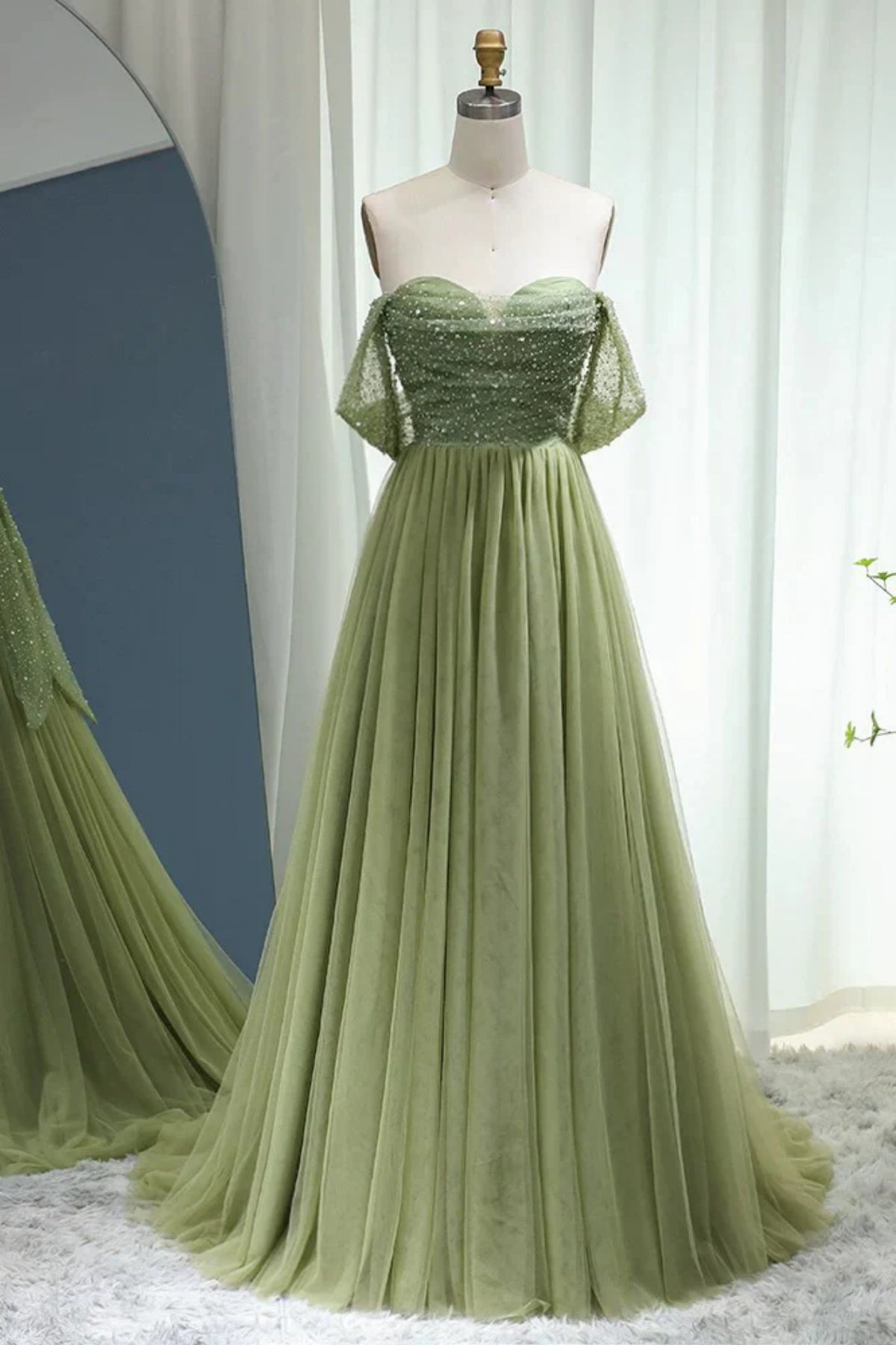 Off the Shoulder Light Green Prom Dresses, Shiny Sage Green Formal Evening Dresses