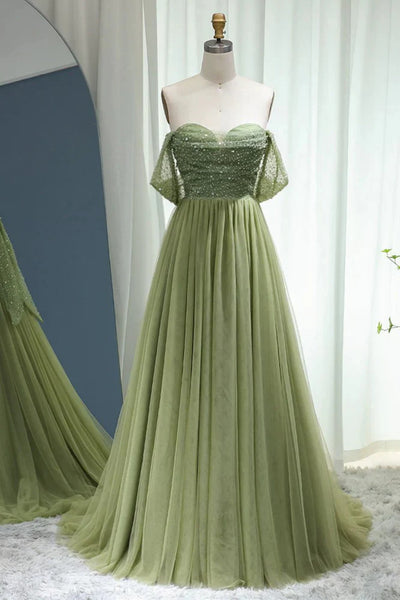Off the Shoulder Light Green Prom Dresses, Shiny Sage Green Formal Evening Dresses