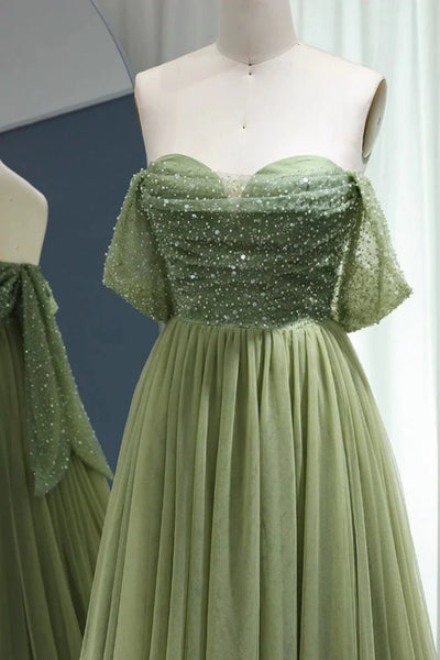 Off the Shoulder Light Green Prom Dresses, Shiny Sage Green Formal Evening Dresses