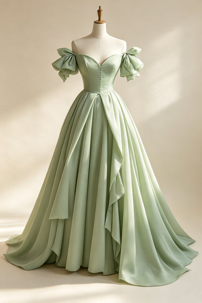 Off the Shoulder Light Green Tulle Prom Dresses, Green Tulle Graduation Formal Dresses