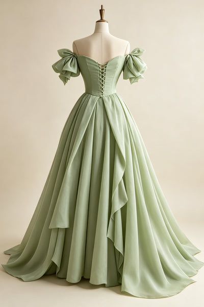 Off the Shoulder Light Green Tulle Prom Dresses, Green Tulle Graduation Formal Dresses