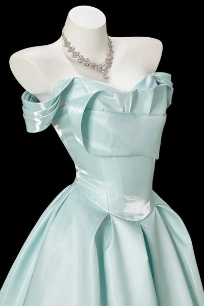Off the Shoulder Mint Green Satin Long Prom Dresses, Mint Green Long Formal Evening Dresses