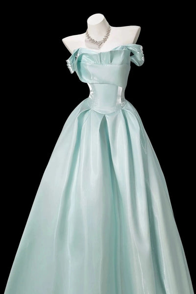 Off the Shoulder Mint Green Satin Long Prom Dresses, Mint Green Long Formal Evening Dresses