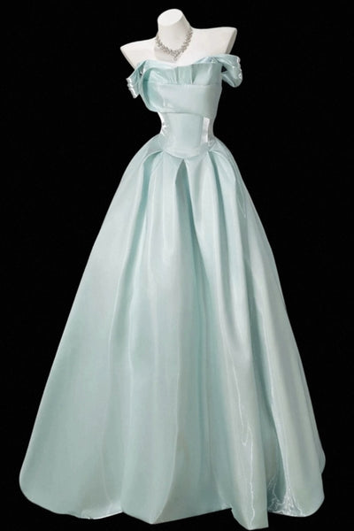 Off the Shoulder Mint Green Satin Long Prom Dresses, Mint Green Long Formal Evening Dresses