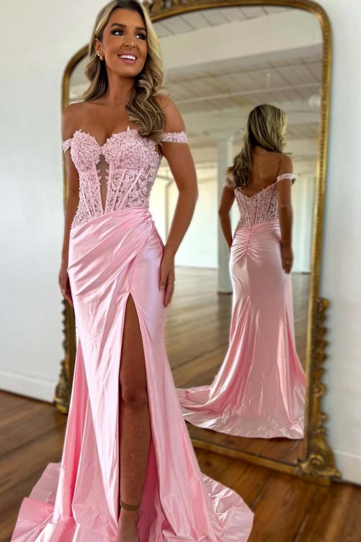 Off the Shoulder Pink MermaId Lace Prom Dresses, Pink Mermaid Lace Formal Evening Dresses