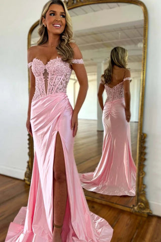 Off the Shoulder Pink MermaId Lace Prom Dresses, Pink Mermaid Lace Formal Evening Dresses