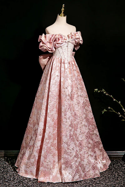Off the Shoulder Pink Printed Satin Long Prom Dresses, Pink Printed Satin Long Formal Evening Dresses