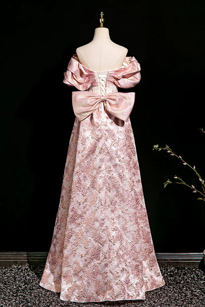 Off the Shoulder Pink Printed Satin Long Prom Dresses, Pink Printed Satin Long Formal Evening Dresses