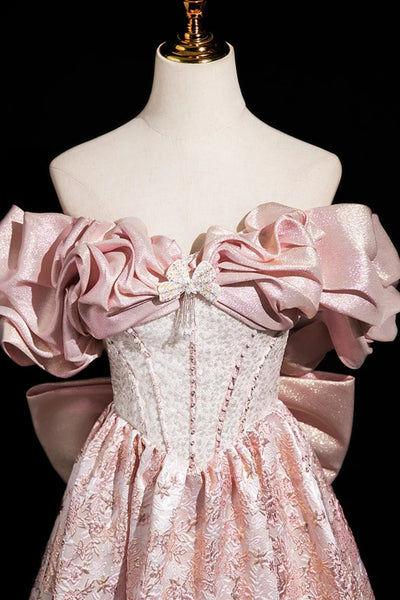 Off the Shoulder Pink Printed Satin Long Prom Dresses, Pink Printed Satin Long Formal Evening Dresses