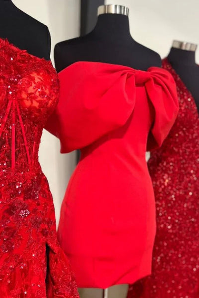 Off the Shoulder Pink Red White Prom Dresses, Off Shoulder Short Pink White Red Formal Homecoming Dresses
