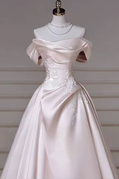 Off the Shoulder Pink Satin Long Lace Prom Dresses, Pink Satin Long Lace Formal Evening Dresses