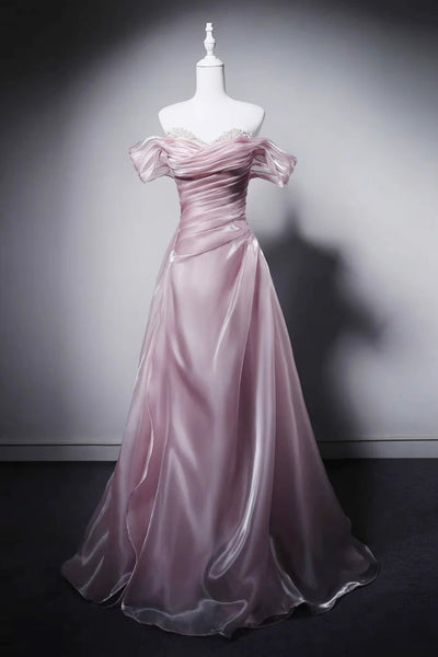 Off the Shoulder Pink Satin Long Prom Dresses, Pink Long Formal Evening Dresses