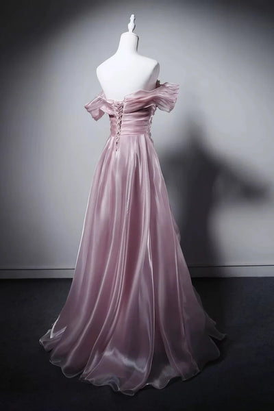 Off the Shoulder Pink Satin Long Prom Dresses, Pink Long Formal Evening Dresses