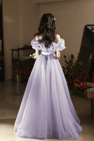 Off the Shoulder Purple Tulle Long Prom Dresses, Purple Tulle Long Formal Evening Dresses
