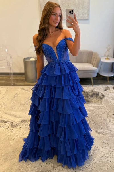 Off the Shoulder Royal Blue Layered Lace Prom Dresses, Royal Blue Layered Chiffon Formal Evening Dresses