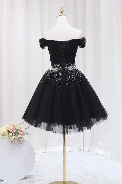 Off the Shoulder Short Black Prom Dresses, Off Shoulder Short Black Formal Homecoming Dresses