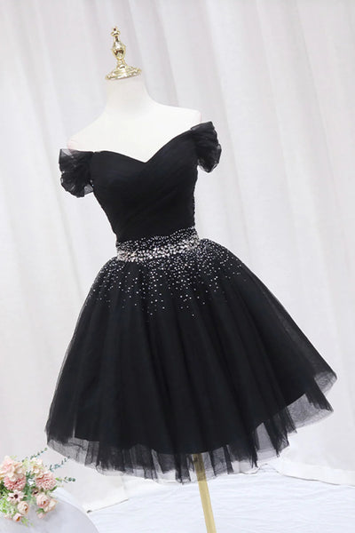 Off the Shoulder Short Black Prom Dresses, Off Shoulder Short Black Formal Homecoming Dresses