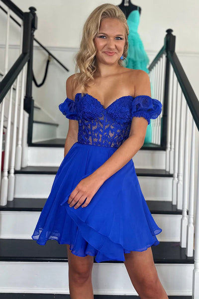 Off the Shoulder Short Blue Green Lace Prom Dresses, Short Lace Formal Homecoming Dresses