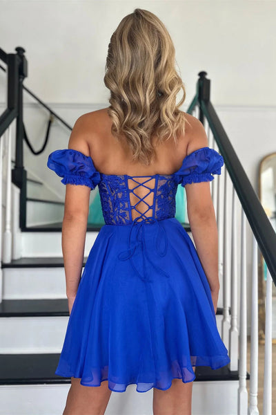 Off the Shoulder Short Blue Green Lace Prom Dresses, Short Lace Formal Homecoming Dresses