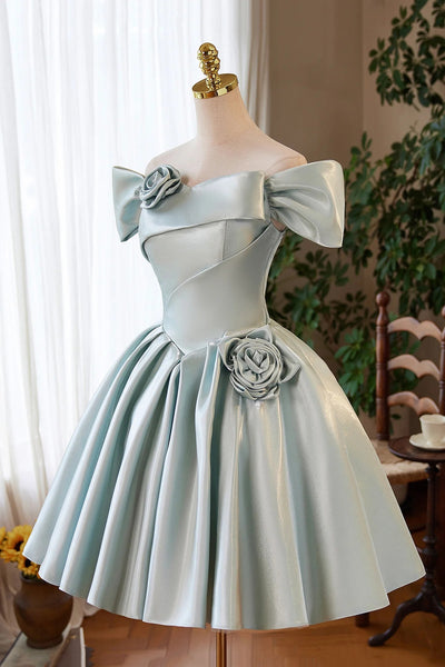 Off the Shoulder Short Blue Satin Prom Dresses, Short Blue Homecoming Graduation Dresses