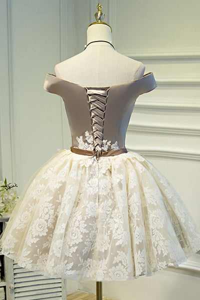 Off the Shoulder Short Champagne Lace Prom Dresses, Short Chamapgne Lace Graduation Homecoming Dresses