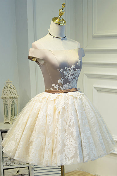 Off the Shoulder Short Champagne Lace Prom Dresses, Short Chamapgne Lace Graduation Homecoming Dresses