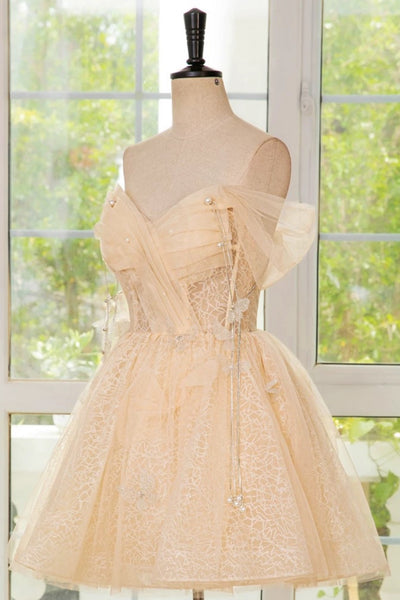 Off the Shoulder Short Champagne Lace Prom Dresses, Short Champagne Lace Graduation Homecoming Dresses