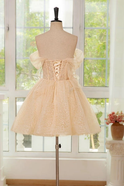 Off the Shoulder Short Champagne Lace Prom Dresses, Short Champagne Lace Graduation Homecoming Dresses