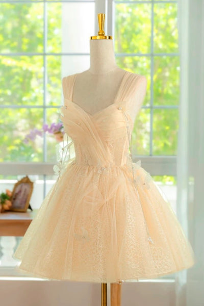 Off the Shoulder Short Champagne Lace Prom Dresses, Short Champagne Lace Graduation Homecoming Dresses