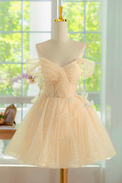 Off the Shoulder Short Champagne Lace Prom Dresses, Short Champagne Lace Graduation Homecoming Dresses
