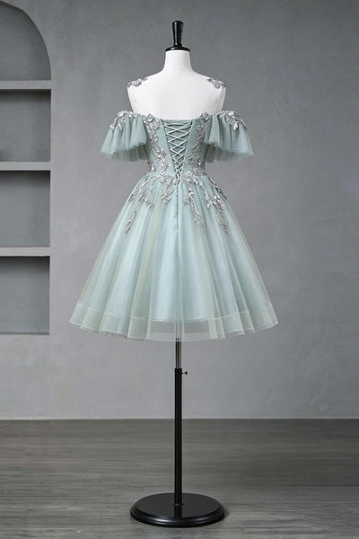 Off the Shoulder Short Green Beaded Prom Dresses, Short Green Formal Graduation Dresses