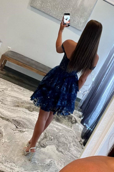 Off the Shoulder Short Purple Blue Burgundy Lace Prom Dresses, Short Lace Layered Graduation Homecoming Dresses