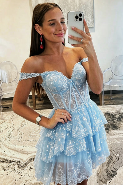 Off the Shoulder Short Purple Blue Burgundy Lace Prom Dresses, Short Lace Layered Graduation Homecoming Dresses